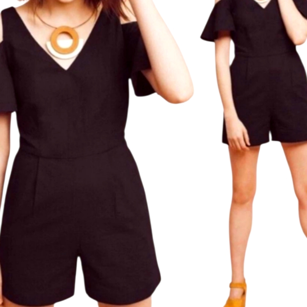 Anthropologie Elevenses US 6 Black Romper Shorts Ruffle Shoulder Cotton